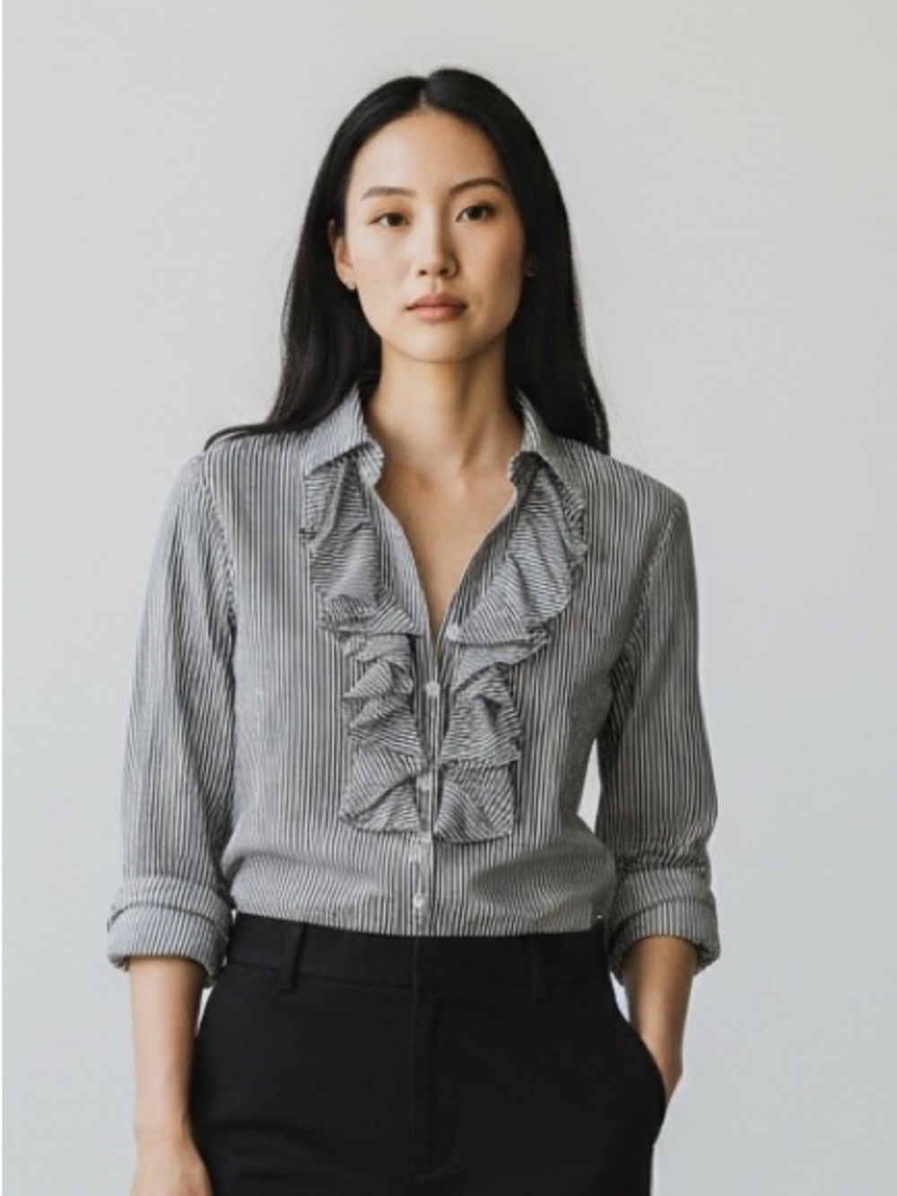 Lafayette 148 NY Black White Pinstripe Ruffle Front Blouse| Size 10 |100% Cotton